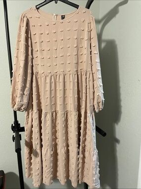 SHEIN Beige Textured Long Sleeve Tiered Midi Dress